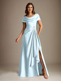 Plataz Scoop Floor-Length Stretch Satin Mother of the Bride Dress With Cascading HZ1007
