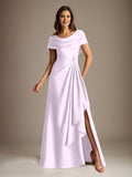 Plataz Scoop Floor-Length Stretch Satin Mother of the Bride Dress With Cascading HZ1007