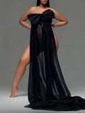 Plataz Bow Sheer Side Slit Off Shoulder Backless Photoshoot Maternity Maxi Dress Maternity