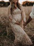 Plataz Apricot Sequin Tassel Tulle Ruched Cross Chest Multi Way Tie Back V-neck Elegant Boho Photoshoot Maternity Maxi Dress Maternity