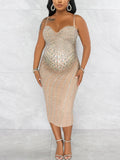 Plataz Apricot Bodycon Spaghetti Strap V-Neck Belly Friendly Rhinestone Photoshoot Maternity Midi Dress Maternity