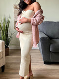 Plataz Beige Tube Twist Bow Back Slit Bodycon Crochet Fashion Baby Shower Maternity Maxi Sweater Dress Maternity