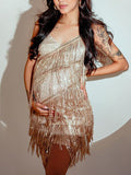 Plataz Champagne Sequin Tassel Tie Back Cami Backless V-neck Club Fashion Gatsby Maternity Photoshoot Baby Shower Party Mini Dress Maternity