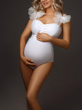Plataz White Tulle Bow Lace-up Bodycon One-Pieces Bikini Beach Holiday Swimwear Elegant Maternity Photoshoot Bodysuit Maternity