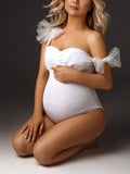 Plataz White Tulle Bow Lace-up Bodycon One-Pieces Bikini Beach Holiday Swimwear Elegant Maternity Photoshoot Bodysuit Maternity