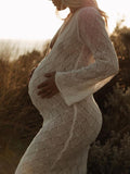 Plataz White Knitting Backless Tie Back Deep V-neck Photoshoot Maternity Maxi Dress Maternity