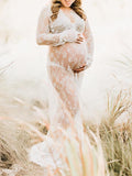Plataz White Lace Robe V-neck Bathtub Photoshoot Plus Size Maternity Maxi Dress Maternity