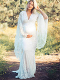Plataz White Lace Trumpet V-Neck Flare Sleeve Bodycon Prom Wedding Gown Photoshoot Maternity Maxi Dress Maternity