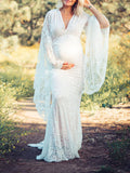 Plataz White Lace Trumpet V-Neck Flare Sleeve Bodycon Prom Wedding Gown Photoshoot Maternity Maxi Dress Maternity