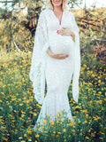 Plataz White Lace Trumpet V-Neck Flare Sleeve Bodycon Prom Wedding Gown Photoshoot Maternity Maxi Dress Maternity