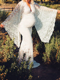 Plataz White Lace Trumpet V-Neck Flare Sleeve Bodycon Prom Wedding Gown Photoshoot Maternity Maxi Dress Maternity