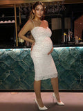 Plataz White Lace Spaghetti Strap Backless V-Neck Elegant Babyshower Party Maternity Midi Dress Maternity
