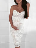 Plataz White Lace Spaghetti Strap Backless V-Neck Elegant Babyshower Party Maternity Midi Dress Maternity