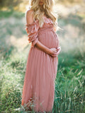 Plataz Pink Boho Flowy Bump Friendly Off Shoulder Photoshoots Maxi Dress Maternity