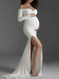 Plataz White Off Shoulder Side Slit Mermaid Bodycon Photoshoot Maternity Maxi Dress Maternity