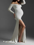 Plataz White Off Shoulder Side Slit Mermaid Bodycon Photoshoot Maternity Maxi Dress Maternity