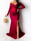 Plataz Off Shoulder Long Sleeve Slit Bodycon Solid Baby Shower Party Evening Gown Maternity Maxi Dress Maternity
