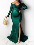 Plataz Green Off Shoulder Long Sleeve High Split Bodycon Solid Baby Shower Evening Gown Maternity Maxi Dress Maternity