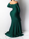 Plataz Green Off Shoulder Long Sleeve High Split Bodycon Solid Baby Shower Evening Gown Maternity Maxi Dress Maternity