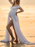 Plataz White Tulle Off Shoulder V-Neck Cap Sleeve Bodysuit Flowy Plus Size Photoshoot Maternity Maxi Dress Maternity