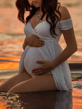 Plataz White Tulle Off Shoulder V-Neck Cap Sleeve Bodysuit Flowy Plus Size Photoshoot Maternity Maxi Dress Maternity