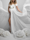 Plataz White Tulle Off Shoulder V-Neck Cap Sleeve Bodysuit Flowy Plus Size Photoshoot Maternity Maxi Dress Maternity