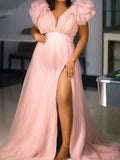 Plataz Pink Boho Elegant Ruffle Photoshoot Maternity Dress Maternity