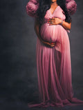 Plataz Tulle Ruffle V-neck Slit Plus Size Photoshoot Baby Shower Maternity Maxi Dress Maternity