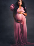 Plataz Tulle Ruffle V-neck Slit Plus Size Photoshoot Baby Shower Maternity Maxi Dress Maternity