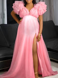 Plataz Tulle Ruffle V-neck Slit Plus Size Photoshoot Baby Shower Maternity Maxi Dress Maternity