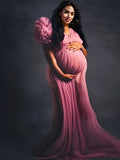 Plataz Tulle Ruffle V-neck Slit Plus Size Photoshoot Baby Shower Maternity Maxi Dress Maternity