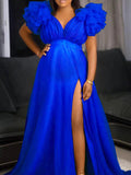 Plataz Blue Tulle Ruffle V-neck Slit Plus Size Photoshoot Baby Shower Maternity Maxi Dress Maternity