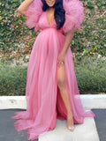 Plataz Pink Tulle Ruffle Swing V-neck Slit Photoshoot Plus Size Gown Maternity Maxi Dress Maternity