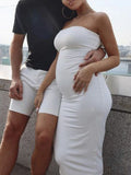 Plataz Bandeau Strapless Tube Party Dress Sleeveless Bodycon Babyshower Casual Maternity Maxi Dress Maternity