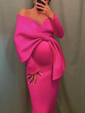 Plataz Off Shoulder Irregular Ruffle Bowknot V-Neck Long Sleeve Slit Bodycon Party Baby Shower Cute Plus Size Maternity Maxi Dress Maternity