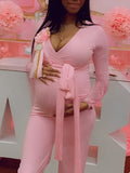 Plataz Solid Color Sashes High Waist V-Neck Long Sleeve Baby Shower Plus Size Maternity Jumpsuit Maternity