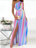 Plataz Rainbow Pink & Blue Off Shoulder Cut Out Ruffle Slit Side Irregular Gender Reveal Dress Maternity Maxi Dress Maternity