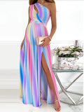 Plataz Rainbow Pink & Blue Off Shoulder Cut Out Ruffle Slit Side Irregular Gender Reveal Dress Maternity Maxi Dress Maternity