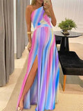 Plataz Rainbow Pink & Blue Off Shoulder Cut Out Ruffle Slit Side Irregular Gender Reveal Dress Maternity Maxi Dress Maternity