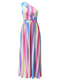 Plataz Rainbow Pink & Blue Off Shoulder Cut Out Ruffle Slit Side Irregular Gender Reveal Dress Maternity Maxi Dress Maternity