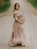 Plataz Khaki Bohemian Drawstring Single Breasted Maternity Photoshoot Baby Shower Maxi Dress Maternity