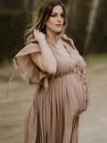 Plataz Khaki Bohemian Drawstring Single Breasted Maternity Photoshoot Baby Shower Maxi Dress Maternity