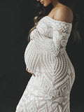 Plataz White Lace Sequin Off Shoulder Mermaid Bodycon Wedding Gown Baby Shower Elegant Foamal Maternity Photoshoot Maxi Dress Maternity