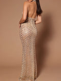 Plataz Off Shoulder Backless Sequins Mermaid Halter Neck Banquet Evening Gown Maternity Maxi Dress Maternity