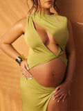 Plataz Olive Cut Out Irregular Split Ruffle Side Slit Bodycon Chic Photoshoot Maternity Maxi Dress Maternity