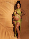 Plataz Olive Cut Out Irregular Split Ruffle Side Slit Bodycon Chic Photoshoot Maternity Maxi Dress Maternity