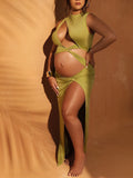 Plataz Olive Cut Out Irregular Split Ruffle Side Slit Bodycon Chic Photoshoot Maternity Maxi Dress Maternity