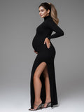 Plataz Black High Neck Side Slit Bodycon Long Sleeve Baby Shower Maternity Maxi Dress Maternity