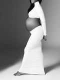 Plataz Solid Color Ruffle High Neck Crop Top 2-in-1 Long Sleeve Bodycon Club Party Photoshoot Maternity Maxi Dress Maternity