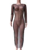 Plataz Mesh Solid Color Beading Pearl Rhinestone Long Sleeve Cover-ups Side Slit Photoshoot Maternity Maxi Dress Maternity